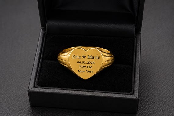 Personalized Couple Gift, Custom Heart Signet, Anniversary Gift for Wife, Wedding Date Ring