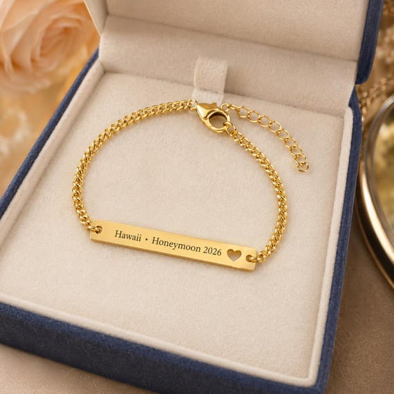 Personalized Gold Bar Bracelet, Custom Engraved Bracelet, Coordinates | Location, | Date | Unisex Keepsake Jewelry Gifts