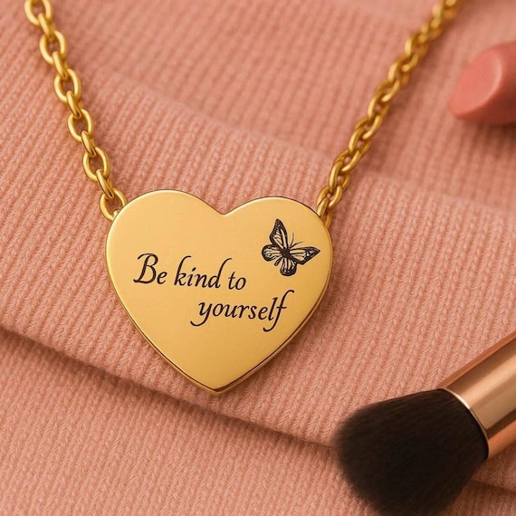 18K Gold Heart Necklace – Engraved Butterfly Affirmation Pendant, Minimalist Self Love Jewelry.