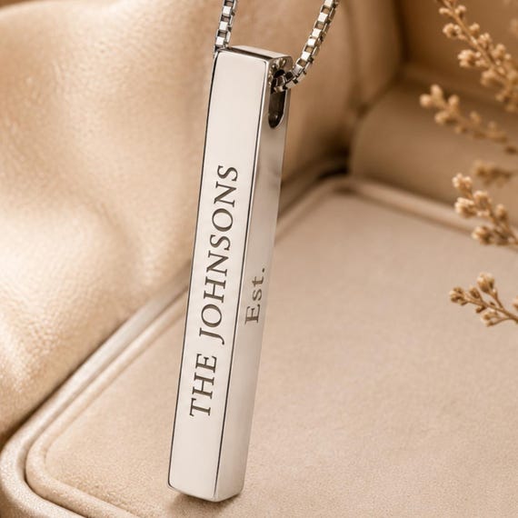 Personalized 4-Sided Engraved Bar Necklace, Custom Family Names Pendant, Stainless Steel Keepsakes