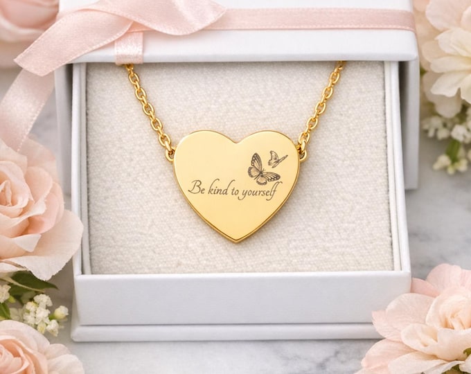 Featured listing image: 18K Gold Heart Necklace – Engraved Butterfly Affirmation Pendant, Minimalist Self Love Jewelry.