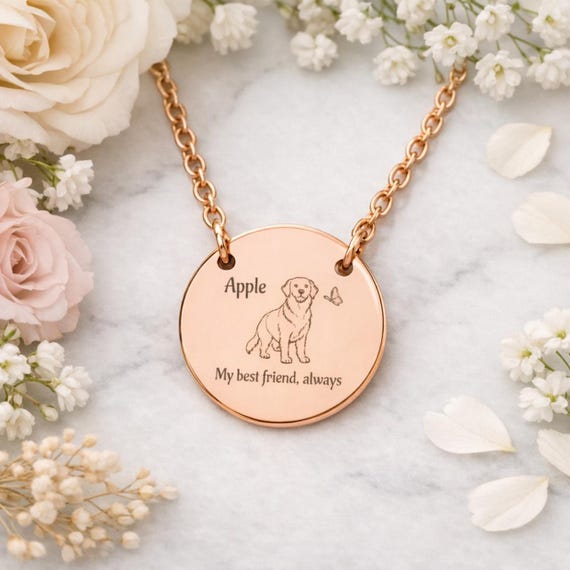 Customized Pet Portrait Necklace – Rose Gold Engraved Circle Pendant, Pet Memorial Jewelry