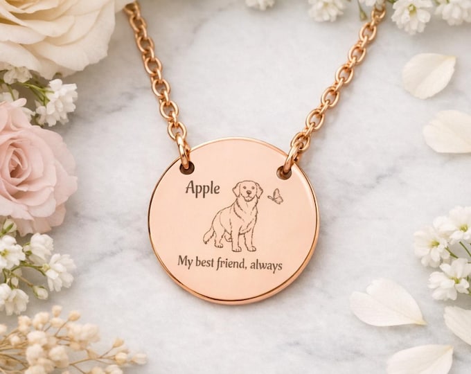 Featured listing image: Customized Pet Portrait Necklace – Rose Gold Engraved Circle Pendant, Pet Memorial Jewelry