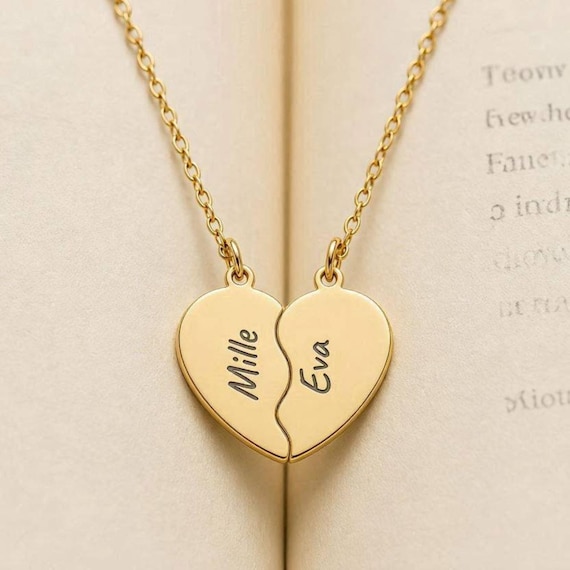 Personalized Split Hear Necklaces Set, Custom Engraved BestFriend, Birthday Gift for Sisters