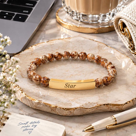 Personalized Gemstone Bead Bracelet, Engraved Gold Bar, Custom Name Jewelry