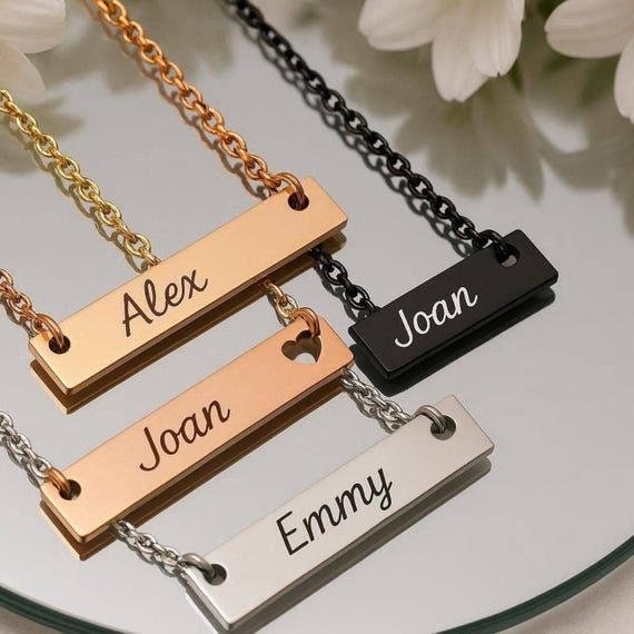 Personalized Bar Necklace, Custom Name Engraved Stainless Steel, Minimalist Jewelry, Gift for Her Him