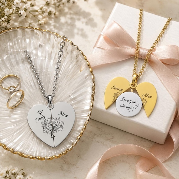 Personalized Angel Wings Necklace, Hidden Message, Custom Engraved Heart Jewelry, Stainless Steel, Gold PVD