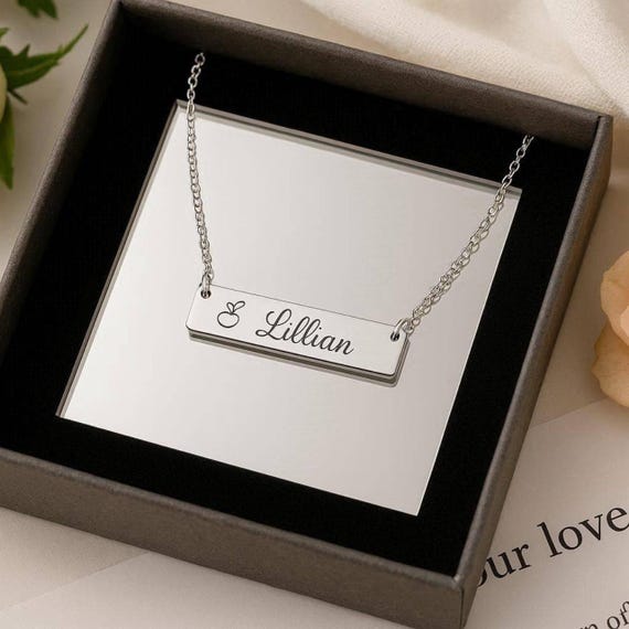 Personalized Cherry Name Bar Necklace – Custom Engraved Silver Nameplate, Minimalist Jewelry