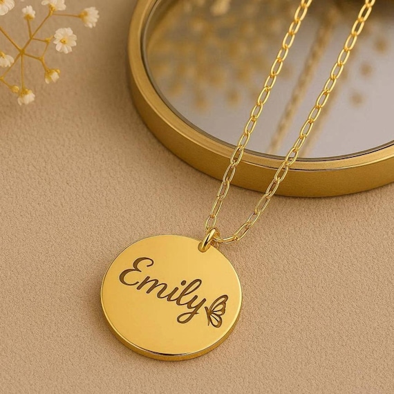 Engraved Mini Name Circle Necklace, Personalized Disc Pendant | Gold or Rose