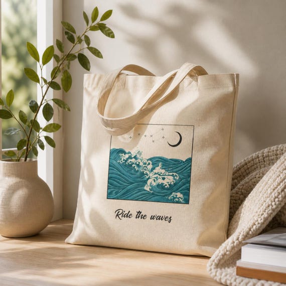 Celestial Wave Tote Bag – Japanese Style Moon, Stars, Ocean Art Canvas Bag