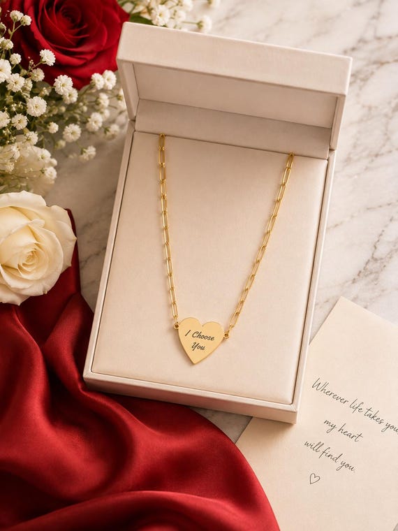 Personalized Heart Necklace & Bar Bracelet Set, Engraved Couple Jewelry Gift for Her
