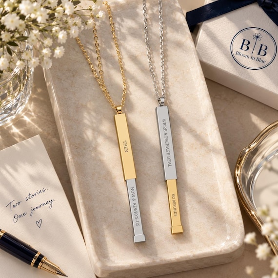 Two-Tone Hidden Message Sliding Bar Necklace, Custom Engraved Pendant (Gold/Silver)