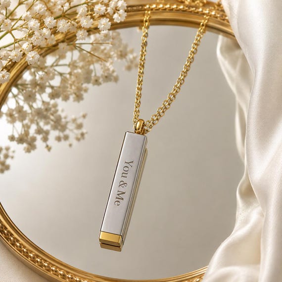 Engraved Sliding Bar Necklace, Hidden Message, Coordinates, Stainless Steel, Couple Jewelry