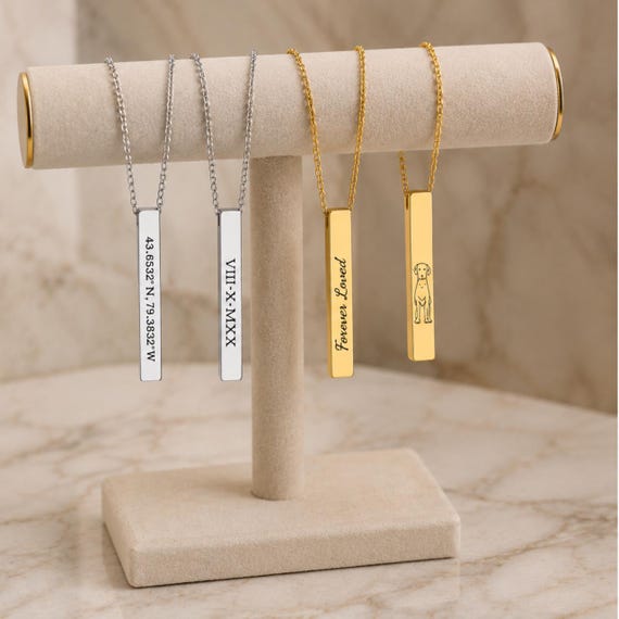 Engraved Vertical Name Bar Pendant, Personalized Dog Silhouette Necklace