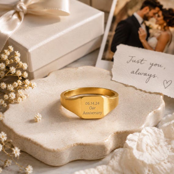 Personalized 18K Couple Signet, Custom Engraved Matching Ring, Boyfriend & Girlfriend Gif Anniversary Promise Ring