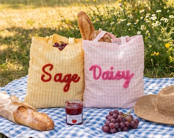 Personalized Gingham Tote Bag for Everyday Use, Custom Text Shoulder Bag, Preppy College Campus Reusable Market Shopping Picnic Tote