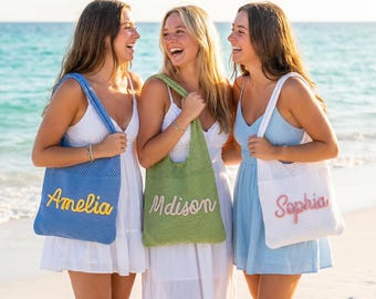 Personalized Knit Beach Tote for Summer Vacation, Custom Name Boho Shoulder Bag, Bachelorette Girls Trip Bridesmaid Pool Gift for Her