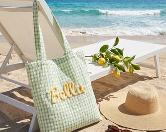 Personalized Gingham Tote Bag, Custom Chenille Name Pastel Aesthetic Shoulder Bag, Preppy Cottagecore Coquette Summer Gift for Her Reusable