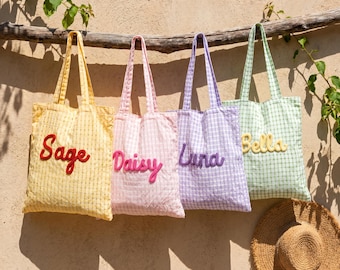 Custom Gingham Tote Bag for Summer Girls Trip, Personalized Chenille Name Striped Beach Bag, Bachelorette Party Bridesmaid Gift for Her
