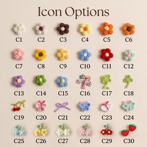 May include: A grid of thirty small, crocheted icons labeled C1 through C30, featuring various flowers, butterflies, bows, cherries, and strawberries in diverse colors including white, yellow, orange, red, pink, blue, green, and purple.