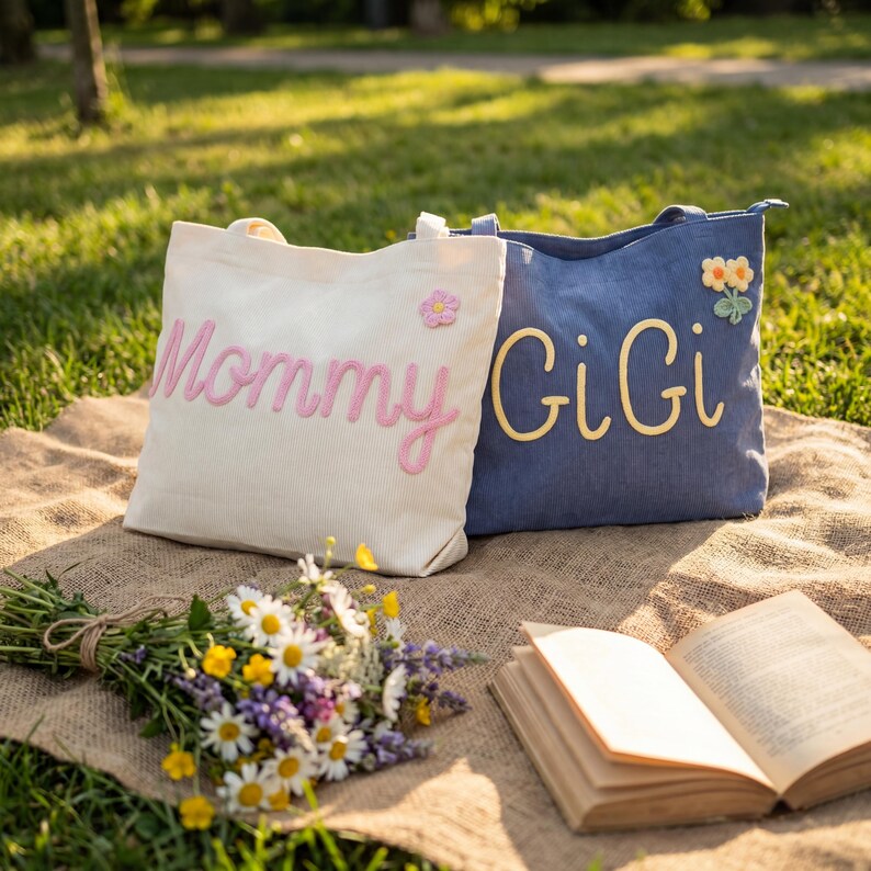 May include: Two corduroy tote bags, one cream with pink embroidered text reading Mommy and a small pink flower, and one blue with yellow embroidered text reading GiGi and a small yellow flower, both featuring top handles and zipper closures.