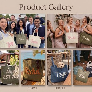 May include: A collection of personalized canvas tote bags in various colors, including olive green, cream, and navy blue. Each bag features custom embroidered names or text such as Joy, Alex, Sam, Bride, Rose, Mama Est. 2020, Rachel, Toya, Chloe, and Zoe.