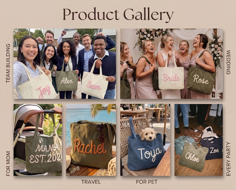 May include: A collection of personalized canvas tote bags in various colors, including olive green, cream, and navy blue. Each bag features custom embroidered names or text such as Joy, Alex, Sam, Bride, Rose, Mama Est. 2020, Rachel, Toya, Chloe, and Zoe.