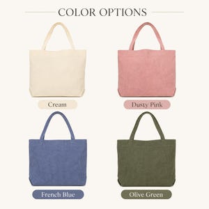May include: Four tote bags arranged in a grid, labeled COLOR OPTIONS. The bags are available in cream, dusty pink, french blue, and olive green. Each bag features two top handles and a rectangular body with a flat base, presented in a simple layout.