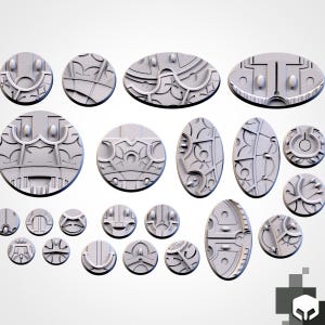 May include: A collection of light gray miniature bases in various circular and oval shapes, featuring intricate raised geometric patterns, recessed lines, and small circular details across their surfaces, designed for tabletop gaming figures.