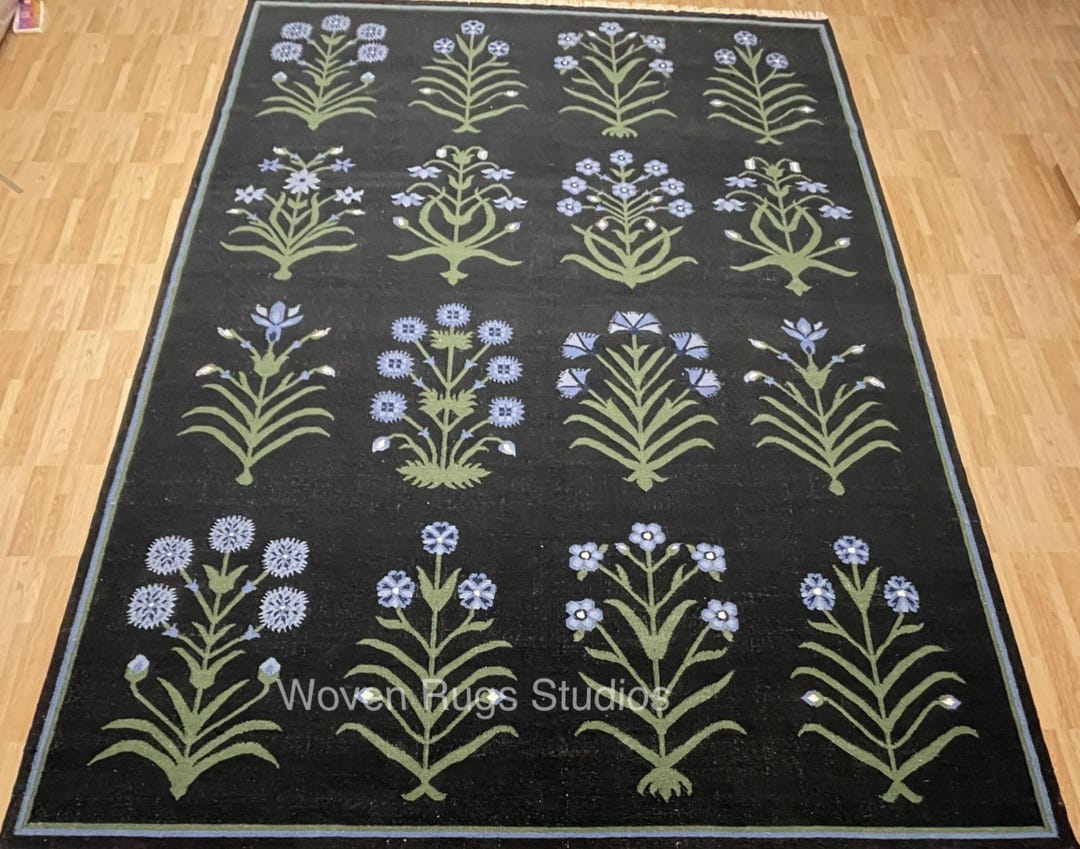 Handwoven Black Botanical Wool Area Rug, Scandinavian Nordic Folk ...