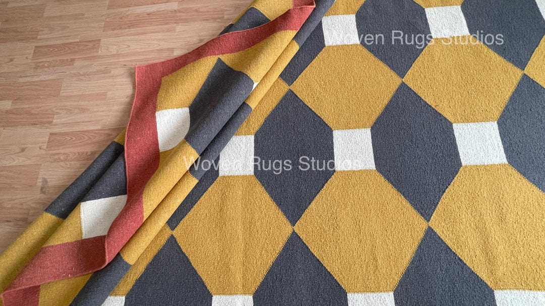 Mustard Geometric Hexagon Area Rug, Handmade Wool Flatweave Carpet ...