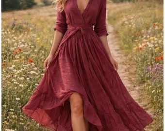 Boho Baumwolle Maxi Kleid für Frauen, Fließendes Burgundy Cottagecore KleidRomantisches Sommer Midi Kleid, V Ausschnitt