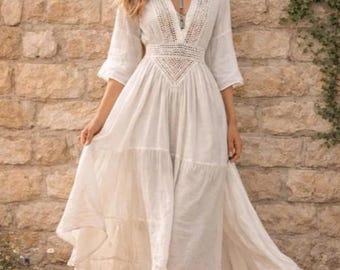 Weißes Boho Baumwolle Leinen Midi Kleid, Häkel Spitze, Prairie Style Sommer Outfit