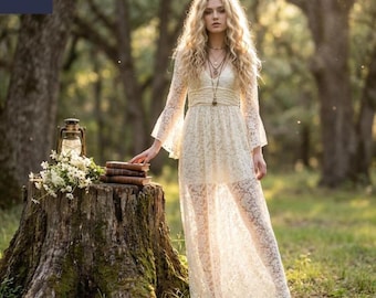 Boho Brautkleid aus Spitze, Elfenbein Langarm Brautkleid, rustikales Maxi Kleid