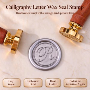 May include: Two wax seal stamps with wooden handles and gold-toned metal heads, positioned beside a circular silver wax seal featuring the embossed letter R. Text includes Calligraphy Letter Wax Seal Stamp, Handwritten Script with a vintage hand-pressed look, Easy to use, Embossed Detail, Hand Crafted, and Perfect for invitations & giits.