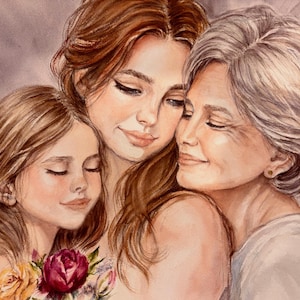 May include: Watercolour painting of three women embracing, with eyes closed. The women have varying hair colours, from light brown to grey. A bouquet of flowers with red and yellow blooms is held by the woman on the left. The artwork has a soft, warm colour palette.