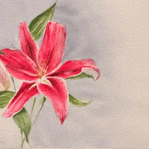 May include: Watercolour painting of a vibrant red lily with green leaves and a closed bud. The flower has six petals and a yellow centre. The artwork is signed and dated 2020.