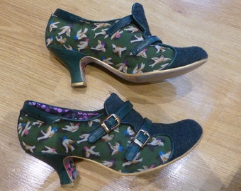 Vintage Mutiny by IRREGULAR CHOICE Maryjane bird woman green shoes EU 38, uk 5, us 7, birds, wool upper part,