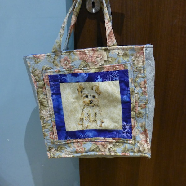 vintage d’occasion Textile d’occasion 100% coton patchwork big bag pour faire du shopping, entièrement doublé, grande poche sur le devant + photo de chien, cousu