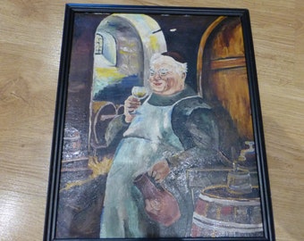 Oil panting on wooden base  Monk motif German thematic idea, vintage very good condition, framed, no sign of the author