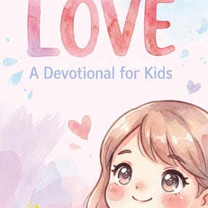 Può includere: Illustrazione di copertina di un libro con la parola "LOVE" in grandi lettere rosa. Sotto, il testo recita "A Devotional for Kids". Una bambina dei cartoni animati con capelli castano chiaro e guance rosee è raffigurata, insieme a cuori rosa.