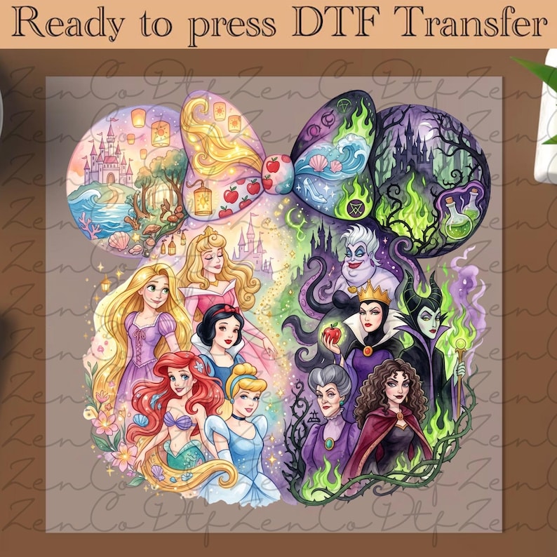 May include: DTF transfer featuring a colorful design with Disney princesses and villains. The design includes a castle, lanterns, and apples. The text "Ready to press DTF Transfer" is at the top.