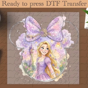 May include: A DTF transfer featuring a watercolor illustration of a princess with long blonde hair, wearing a purple dress, and a large bow. The design is set within a Mickey Mouse head outline, with the text "Ready to press DTF Transfer" at the top.