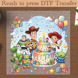 Peut inclure: Un transfert DTF coloré avec des personnages d'un film d'animation populaire. L'image comprend un gâteau d'anniversaire, des ballons et le texte "Ready to press DTF Transfer". Parfait pour divers projets créatifs.