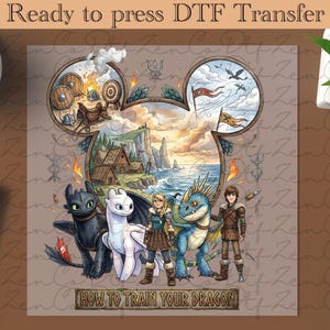 Könnte beinhalten: Ein DTF-Transfer mit Charakteren und Szenen aus "Drachenzähmen leicht gemacht". Das Design umfasst Drachen, Wikinger-Bilder und den Text "Ready to press DTF Transfer" und "How to Train Your Dragon."
