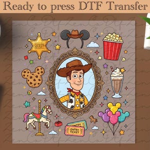 Peut inclure: Ensemble d'illustrations de dessins animés avec un personnage de cow-boy dans un cadre décoratif, un badge de shérif, du pop-corn, un milkshake et d'autres éléments sur le thème du parc d'attractions. Le texte "Ready to press DTF Transfer" est en haut.