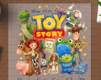 Puede incluir: Una hoja de transferencia DTF Ready to press con el logotipo de Disney Pixar Toy Story y personajes como Rex, Buzz Lightyear, Jessie, Bullseye, Hamm, Forky, Ducky, Bunny y Woody con el texto You've Got a Friend In Me.