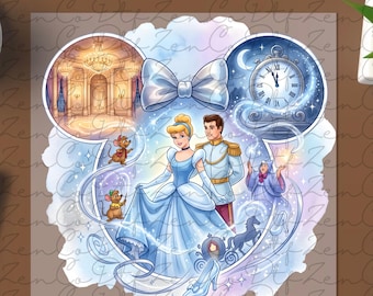 Treff mich um Mitternacht DTF Transfer, Cinderella bereit zum Pressen, Prinzessin Cinderella Aquarell Heat Transfer, Disneyland Familienausflug DTF