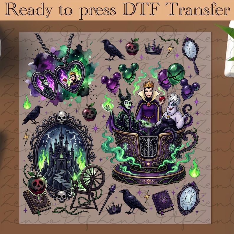 May include: DTF transfer sheet featuring various Disney villain-themed graphics. Includes images of Maleficent, the Evil Queen, and Ursula, along with a castle, poison apples, ravens, and other related elements. The text "Ready to press DTF Transfer" is at the top.