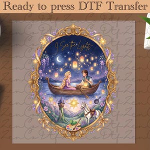 May include: A DTF transfer sheet featuring an oval gold frame containing an illustration of a person with long blonde hair and a person with brown hair in a boat on water, surrounded by floating lanterns, a tower, a white horse, and a lizard.